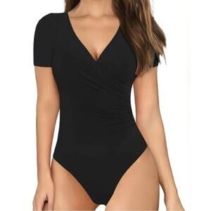 Mangopop Wrap Short Sleeve Bodysuit Top NWT XL Black Vneck Snap Bottom Shirt